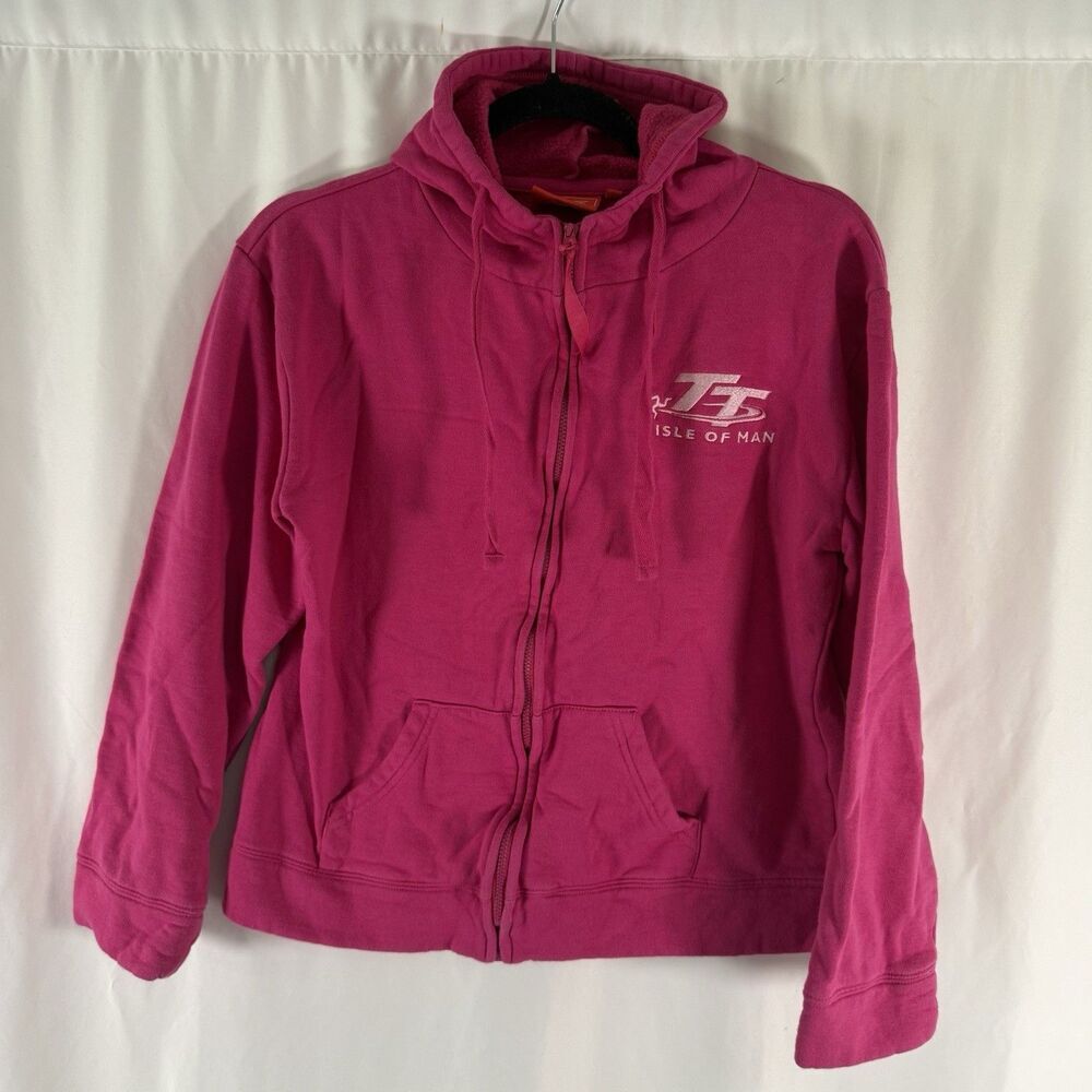 Isle of Man Hoodie Women XL Pink Full Zip Pockets Drawstring Embroidered Cotton
